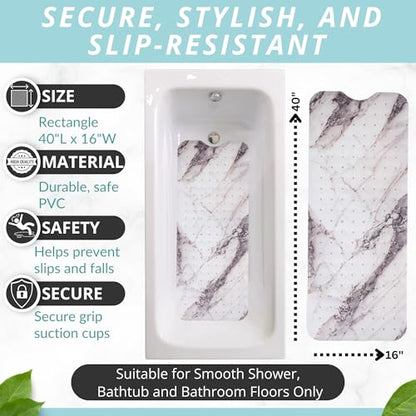 ENKOSI Non-Slip Bath & Shower Mat 40x16 Extra Long, Suction & Drain Holes | Elegant Grey Marble print; Durable PVC; 40x16 in, Grey Marble - color: Marble Gray