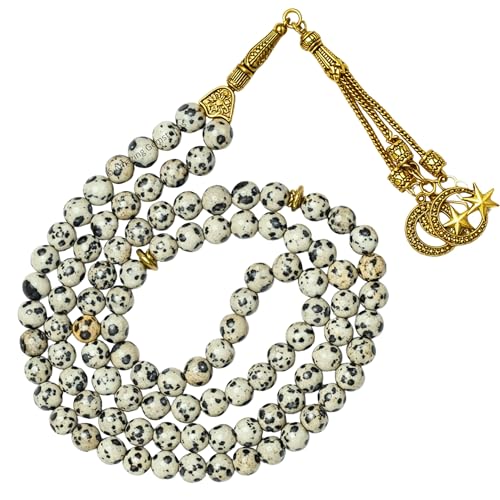 Amazing Gemstone Crystal Tasbeeh with Moon and Star Charm - Certified Crystal Muslim Prayer Beads Natural Gemstone Tasbih Gift for Ramadan Dhikr and Daily Namaz (G) - color: Dalmatian Jasper