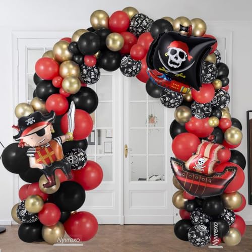 142Pcs Pirate Birthday Party Decorations Balloon Garland Arch Kit - color: Black, Red, Metallic Gold