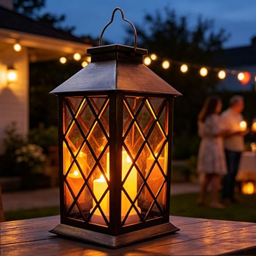 Solar Outdoor Lantern, Garden Hanging Waterproof Lanterns PVC Upgrade 3 LED Flickering Flameless Candle Decorative for Garden Women Mom Grandma Halloween Gifts (Grid Candle) - style: grid candle