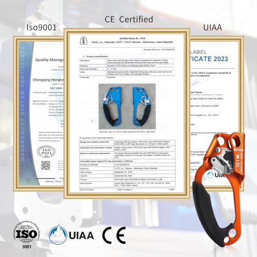 NewDoar UIAA & CE Certified Hand Ascender Rock Climbing Tree Arborist Rappelling Gear Equipment Rope Clamp for 8~13MM Rope - color: Orange-Left