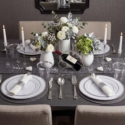 WDF Partyware 350Piece Silver Plastic Dinnerware Set for 50 Guests - Silver Plastic Plates with Cutlery Include:50Dinner Plates-50Dessert Plates-50Pre Rolled Napkins with Silverware Party Wedding - color: White and Silver, size: 350
