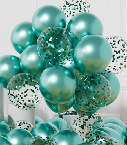 AULE Party Balloons Pack of 42 - Metallic Green Balloons & Confetti Balloons and 64ft Ribbons - 12 Inch Teal Green Balloon Decorations Set - color: Green