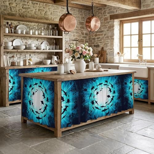 BEMIGO Blue Coastal Cabinet Curtain 28" Wx51 L, Dustproof Storage Cabinet Curtain with Self Adhesive Tape, Nautical Fish Turtle Coral Tall Pantry Cover Drape for Kitchen, Laundry Room, Utility Closet - size: 28"W x 51"L (Pack of 1)