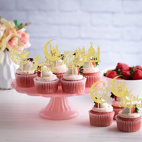 ZHUOWEISM 24 PCS Eid Mubarak Cupcake Toppers Glitter Moon Star Ramadan Kareem Happy Eid Islamic Muslim Theme Party Cake Decorations Supplies Gold - color: Design 5 Gold