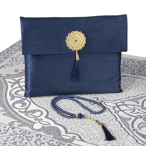 Modefa Islamic Prayer Mat Muslim Gifts - Thin Travel Muslim Prayer Rug in Taffeta Gift Bag with Tasbih Beads Prayer Matt Islam - Chenille Turkish Praying Carpet - Ramadan Gifts (Navy) - color: Navy