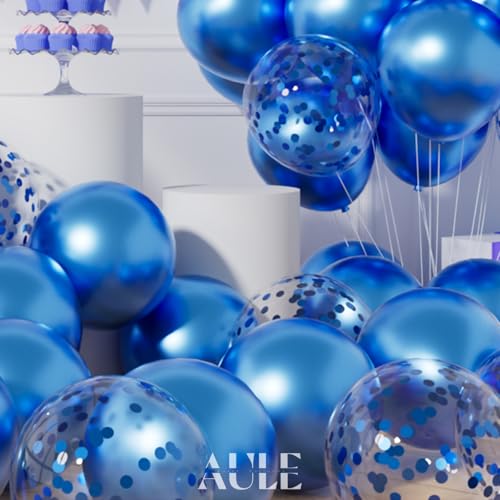 AULE Party Balloons Pack of 42 - Metallic Blue Balloons and Blue Confetti Balloons With 64ft Ribbons 12 Inch Chrome Latex Helium Balloon Decoration Set - color: Blue