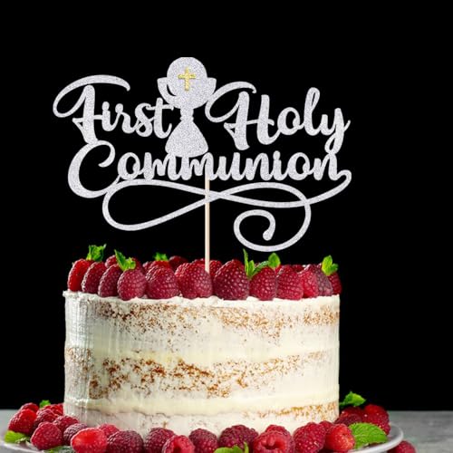 First Communion Cake Topper,God Bless,First Holy Communion Decoration,Featured God Christian Baptism/Confirmation/Baby Shower/Birthday/Sacrament Party Decoration supplies - color: Silver