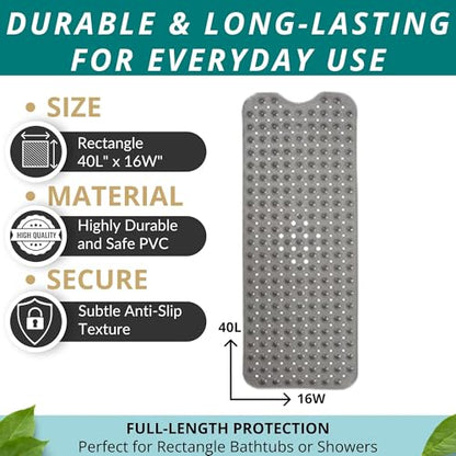 ENKOSI Non-Slip Bath & Shower Mat 40x16 Extra Long, Suction & Drain Holes | Clear Gray look; Durable PVC; 40x16 in, Clear Gray - color: Clear Gray