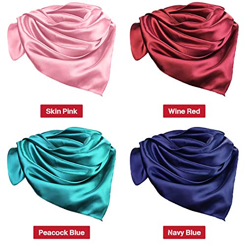 Syhood 4 Pcs 35 Inch Head Satin Large Bandana Satin Scarves Head Scarf for Women's Hair Square Scarf - color: Navy Blue, Wine Red, Skin Pink, Blue