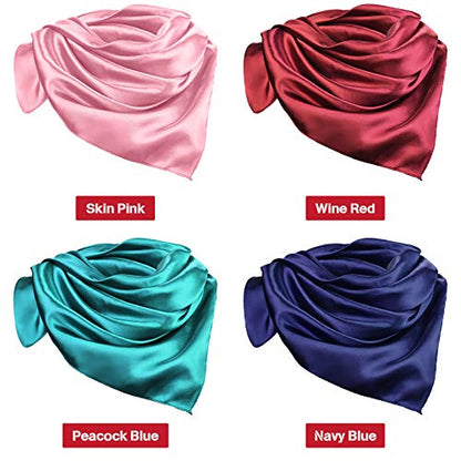 Syhood 4 Pcs 35 Inch Head Satin Large Bandana Satin Scarves Head Scarf for Women's Hair Square Scarf - color: Navy Blue, Wine Red, Skin Pink, Blue