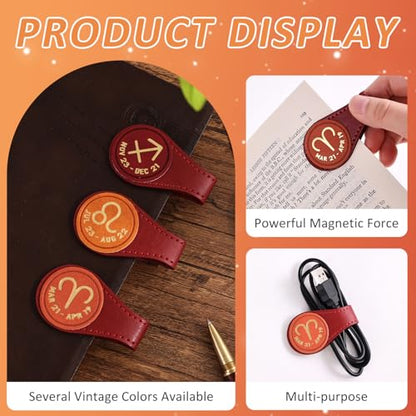 3 PCS Leather Magnetic Bookmark Clips, Zodiac PU Leather Bookmarks for Book Lovers, Full Set of Book Clip Accessories, Fire Sign - style: Fire Signs Constellation