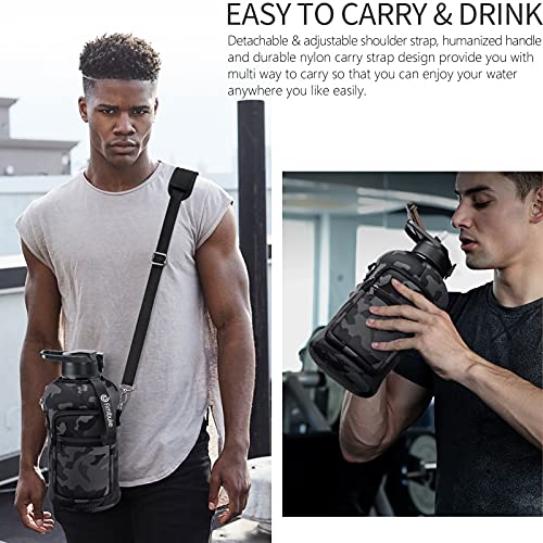 Fimibuke Half Gallon Water Bottle with Sleeve 64 OZ Water Bottle with Handle & Straw Leakproof Motivational Sports Gym Water Bottle with Time Marker BPA Free Water Jug with Reusable Neoprene Holder - color: Black, Grey