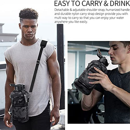 Fimibuke Half Gallon Water Bottle with Sleeve 64 OZ Water Bottle with Handle & Straw Leakproof Motivational Sports Gym Water Bottle with Time Marker BPA Free Water Jug with Reusable Neoprene Holder - color: Black, Grey
