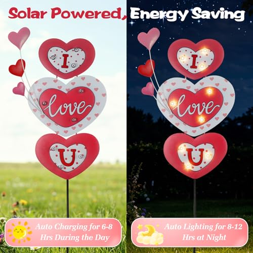 Lewondr 2 Pcs Valentine's Day Decorations Outdoor, Metal Solar Pathway Lights, Love Heart Decorative Garden Stakes Lights with 18 LED Beads, Waterproof Yard Signs for Porch Lawn Wedding Anniversary - style: Love Heart