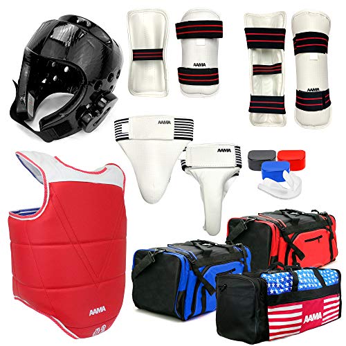 AAMA Complete Taekwondo Sparring Protective Gear Equipment Set - Customizable - color: SET C Black (Shin Guard)