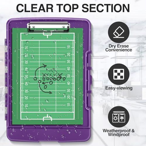Sooez Original Clipboard with 2 Storage & Pen Holder, Heavy Duty Clip Boards 8.5x11 with Dual Storage, Clearview Dry Erase Coach Clipboard with Real Hinge, High Capacity, School & Office Supplies - color: Purple