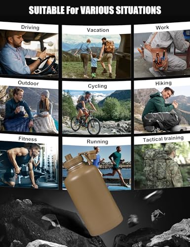 Tactical Half Gallon Water Bottle with Straw, 64 Oz Insulated Water Jug with Molle Water Bottle Holder, Stainless Steel Sport Bottle with 3 BPA Free Lids for Gym Workout Hiking (64oz-Brown) - color: 64oz-Brown