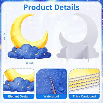 Large Crescent Moon Cardboard Cutout Decorations 3.3 Ft Moon Stand Up Backdrop Blue Gold Starry Night Party Photo Props for Birthday Wedding Eid Mubarak Homecoming Movie Night Baby Shower