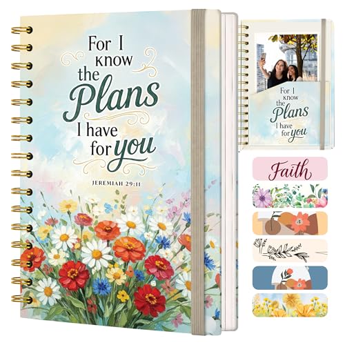 Hardcover Blank Christian Notebook – 140 Pages – Jeremiah 29:11 | Lined Pages with Bible Verse Cover – Inspirational Writing Spiral Notebook for Bible Study, "For I Know the Plans" - color: Plans
