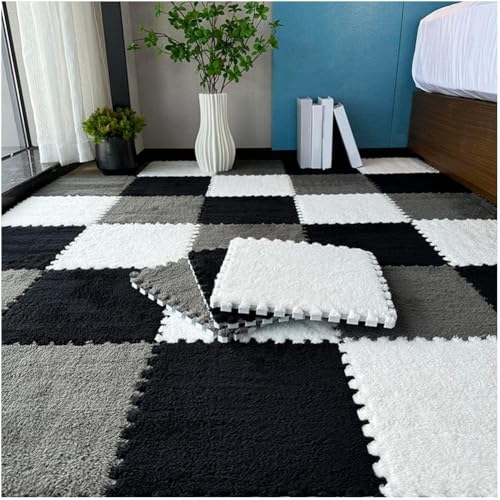 FYYSJW 10 Piece Plush Patchwork Foam Floor Mat, Soft Interlocking Floor Carpet Squares, Fluffy Puzzle Area Rug, 12 X 12 Inch,White+Gray+Black - color: White+gray+black