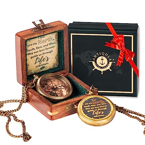 Brass Compass with Wooden Box - Graduation Gifts, Pirate Accessories & Baptism Gift for Boys, Steampunk Travel Decor Compasses for Missionary, Inspirational and Sentimental Compass - style: Love Compass