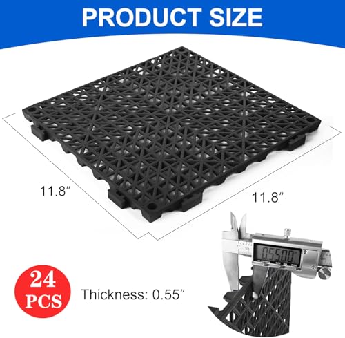 MYFAMIREA Modular Interlocking Cushion 24 Pack 11.8" x 11.8" Rubber Floor Tiles Non-Slip Splicing Drainage Mats for Deck, Pool, Outdoor Shower, Patio, Balcony, Indoor Bathroom, Kitchen, Yard (Black) - size: 24 PCS