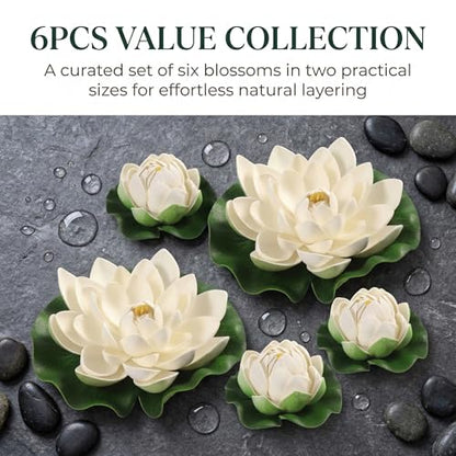 TOYANDONA 6pcs White Artificial Floating Lotus Flowers 7 Inch Lily Pads 2 Large(18cm) + 4 Small(10cm) Water Lily Pads Floating Pond Plants for Pond Pool Home Aquarium Garden Wedding Decor