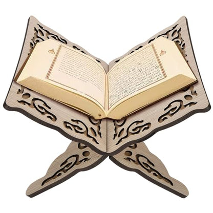Quran Holder Foldable Wooden Quran Stand Book Holder for Prayer Reading, Muslim Bible Display, Cookbook Magazine Stand for Home Mosque Chapel 9.8x8.1x6.7'' Wood Color