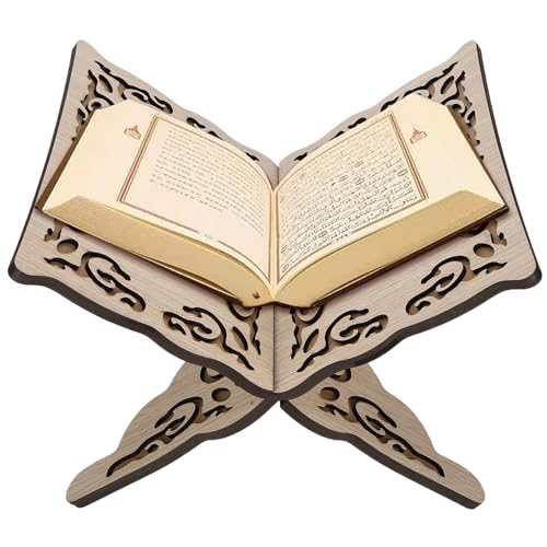 Quran Holder Foldable Wooden Quran Stand Book Holder for Prayer Reading, Muslim Bible Display, Cookbook Magazine Stand for Home Mosque Chapel 9.8x8.1x6.7'' Wood Color