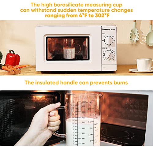 Glass Measuring Cup with Handle, [Double-Sided Measuring Scale, V-Shaped Spout, Insulated handle], High Borosilicate Glass Measuring Cup with Three Scales (OZ, Cup, ML) for Liquid (4 Cup) - size: 4 Cup (1000 ml)