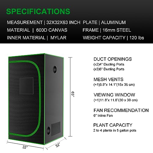 32"x32"x63'' Grow Tent, High Reflective 600D Diamond Mylar Canvas with Observation Window and Floor Tray for Hydroponic Indoor Plant Growing - size: 32"x32"x63''