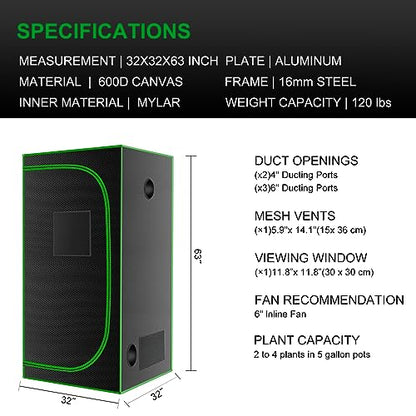 32"x32"x63'' Grow Tent, High Reflective 600D Diamond Mylar Canvas with Observation Window and Floor Tray for Hydroponic Indoor Plant Growing - size: 32"x32"x63''