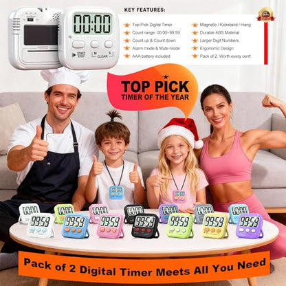 2 Pack Digital Timer for Kids Classroom Kitchen Timers for Cooking | w/ Battery, Easy to View, Alarm, Mute Mode, Count Down/Up, Magnetic, Kickstand, Hanging, Classroom Timer for Teacher Supplies - color: Pure White *2
