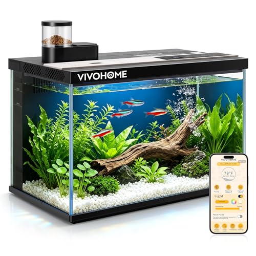 VIVOHOME 5 Gallon Smart Fish Tank with APP Control and Auto Feeder | Aquarium Starter Kit with Filter and Pump, Temperature Display, RGB LED Light, Self Cleaning Betta Fish Tank for Desktop - size: 5 Gallon