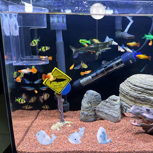 Piwe 5pcs Aquarium Shark Ornament Set Warning Sign Fish Tank Decor | shark themed aquarium ornaments for fish tank landscaping; underwater scene decor