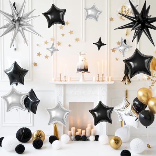 Black Silver Star Balloons,16Pcs 22/18/10 Inch Foil Graduation Decorations - color: Black Silver