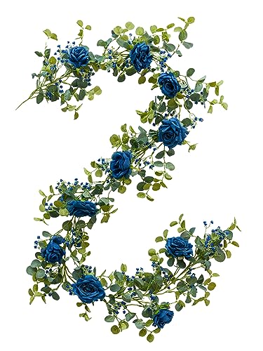 Anna's Whimsy 5.91FT Artificial Eucalyptus Garland with Flowers, Fake Rose Gypsophila Garland, Faux Floral Garlands for Wedding Spring Home Party Craft Art Table Runner Decor (Blue, 1) - color: Blue, size: 1PCS