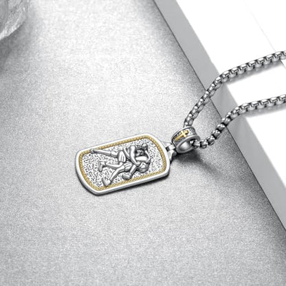 Western Catus/Knights Templar/St Michael/Santa Muerte/Praying Hand/Spartan/Virgin Mary/Tetragrammaton/Wrestlers/Allah Necklace Sterling Silver Dog Tag Necklace Christian Jewelry Gifts for Men - style: Wrestlers