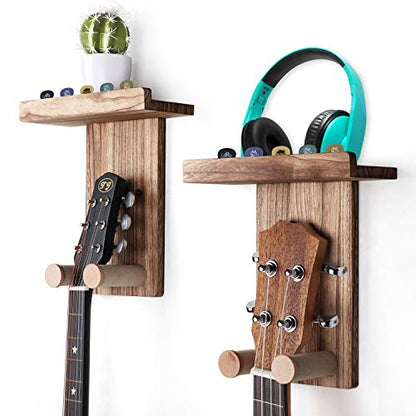 Keebofly Guitar Wall Mount Hanger with Shelf & Pick Holder | 2 Pack Wood Guitar Stand Holder Wall, Universal Guitar Hook for Acoustic, Electric, Bass Guitars, Ukulele, Brown, [Patented] - color: 2 Pack_Rustic Brown