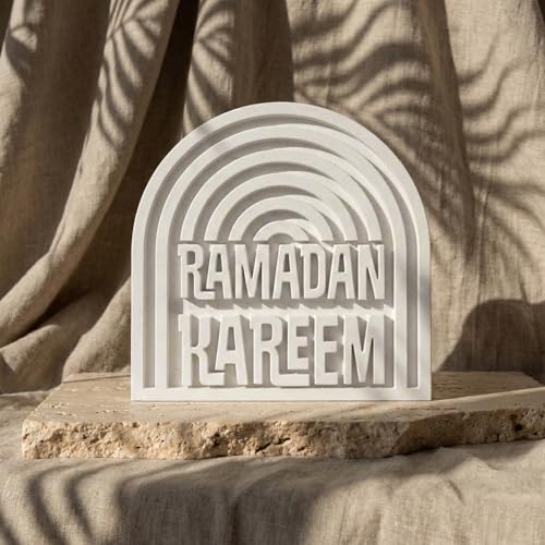 Ramadan Kareem Islamic Table Decor – Elegant Arabic Calligraphy for Home or Office – Unique Islamic Art Piece, Perfect for Eid, Ramadan, or Daily Inspiration – White Stone Powder Statue - style: Ramadan Kareem