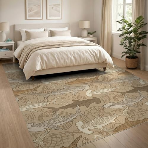 8'x10' Washable Abstract Shark Large Rug, Tan Non-Shedding Pet Friendly Carpet for King Size Bedroom, Master Suite, Under Bed, Foldable Easy Care Mat | Ref:2067660 - color: Beige/Pattern 18, size: 8' x 10' (Rectangular)