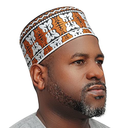 Omani African Kenya Style Kufi HAT Rust-Brown White 4-inch Embroidered Butterfly Motif Accents Islamic DRIP Prayer Cap Topi - size: 7 1/4