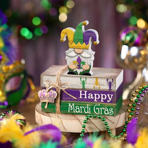 4 Pcs Mardi Gras Decorations Wooden Mardi Gras Table Centerpiece Crawfish Gnome Carnival Tiered Tray Decorations Mini Wooden Faux Books Stack Signs for Masquerade Office Tabletop Bookshelf - style: Crowns
