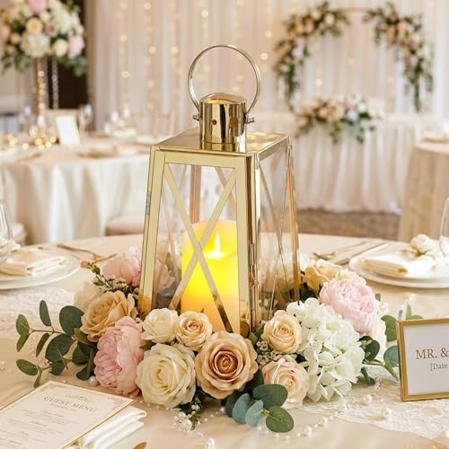 TRIROCKS Stainless Steel Decorative Lantern 12''H Metal Outdoor Candle Holder Hanging Candle Lantern with Tempered Glass for Christmas Home Wedding Living Room Parties Indoor Outdoor(Gold Trapezoid) - color: Gold
