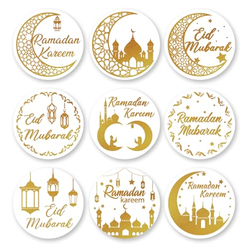 360PCS Gold Foil Ramadan Stickers - Eid Mubarak & Kareem Self-Adhesive Ramadan Kareem Sticker, Muslim Labels Decorations for Party Favor Supplies