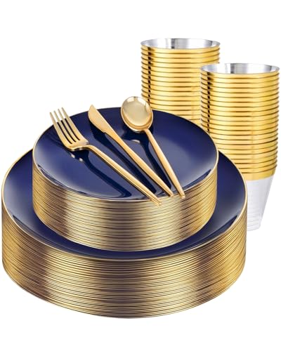 bUCLA 150PCS Blue and Gold Plastic Plates - 25 Guests Navy Blue Plastic Dinnerware Disposable for Party & 4th of July - Include 25 Dinner/Dessert Plates, 25 Knives, 25 Forks, 25 Spoons, 25 Cups - color: Navy Blue Gold, size: 25 Guests