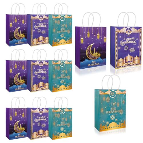 12pcs Gift Bags with Handle, Blue Gold Ramadan Goodie Bags Muslim Paper Present Lantern Star Moon Treat Bags Party Favor Supplies Decorations