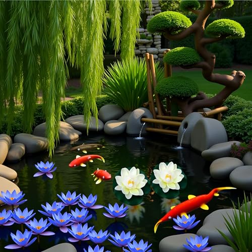 6Pcs White Artificial Floating Foam Lotus Flowers with Water Lily Pad Ornaments, Perfect for Patio Koi Pond Pool Aquarium Home Garden Wedding Party Holiday Decoration Water Gardens and Ponds