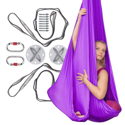 AyuHome Aerial Silks Kit for Home - Premium Yoga Swing for Adults with 660 lbs Capacity - Versatile Aerial Yoga Hammock for Gymnastics Training - color: Aerial silk - Purple New